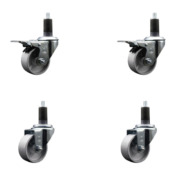 3'' Semi Steel Swivel 1-1/4'' Expanding Stem Caster Set 2 Total Lock Brakes, 4PK